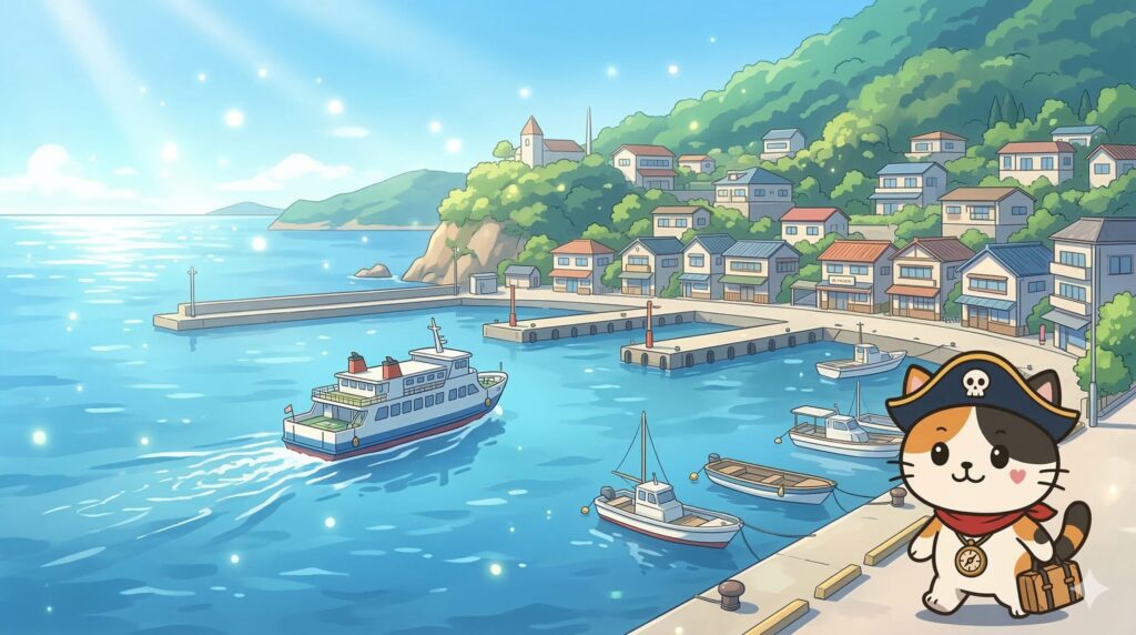 準備を終えて港を歩き出すココロ船長