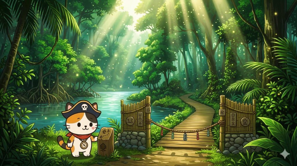 自然保護エリアの入口でルールを確認しているココロ船長