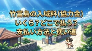 竹富島の港で入域料の案内を見ているココロ船長