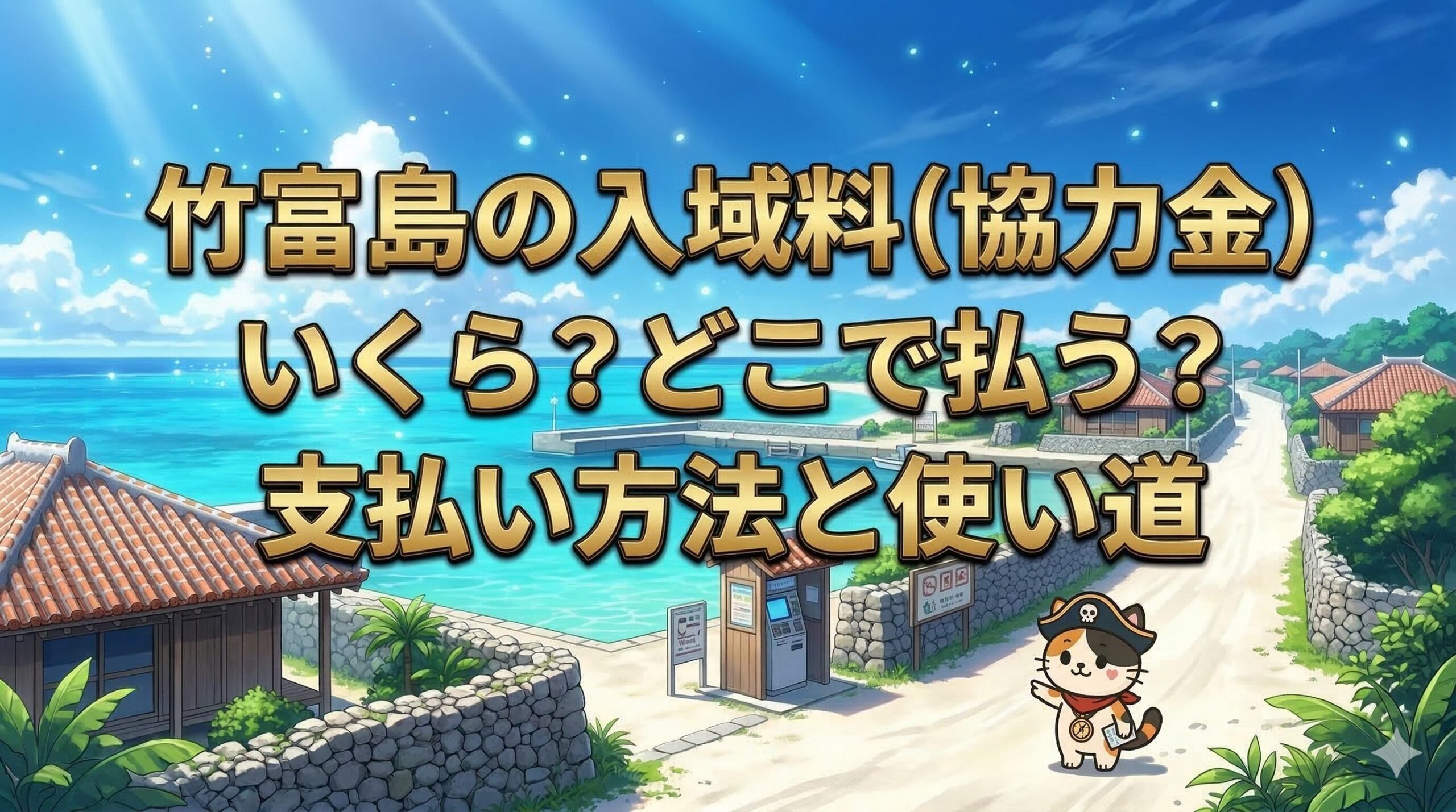 竹富島の港で入域料の案内を見ているココロ船長