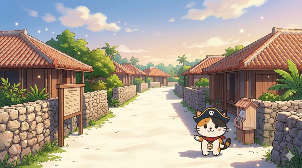 白砂の道で制度の違いを案内しているココロ船長