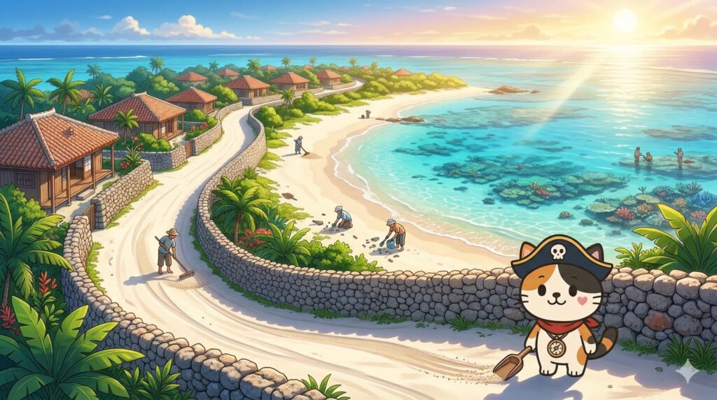 白砂の道や海を守る作業を見守るココロ船長