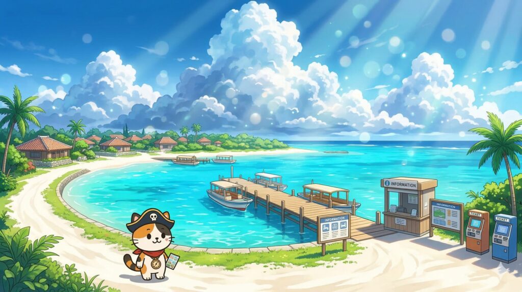 竹富島の港に到着して案内を確認しているココロ船長