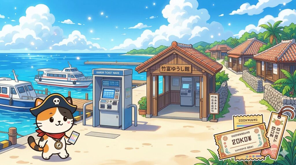 券売機や島内販売所を見比べているココロ船長