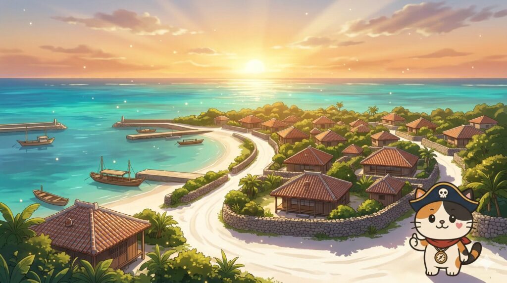 夕景の竹富島で旅の締めくくりをしているココロ船長