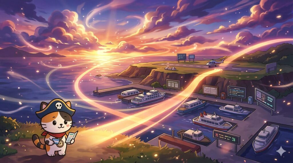 港と空港の路線を見比べながら確認するココロ船長