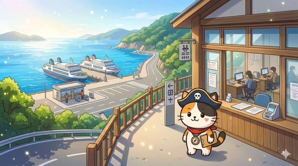 役場から乗り場へ向かい手続きを進めるココロ船長