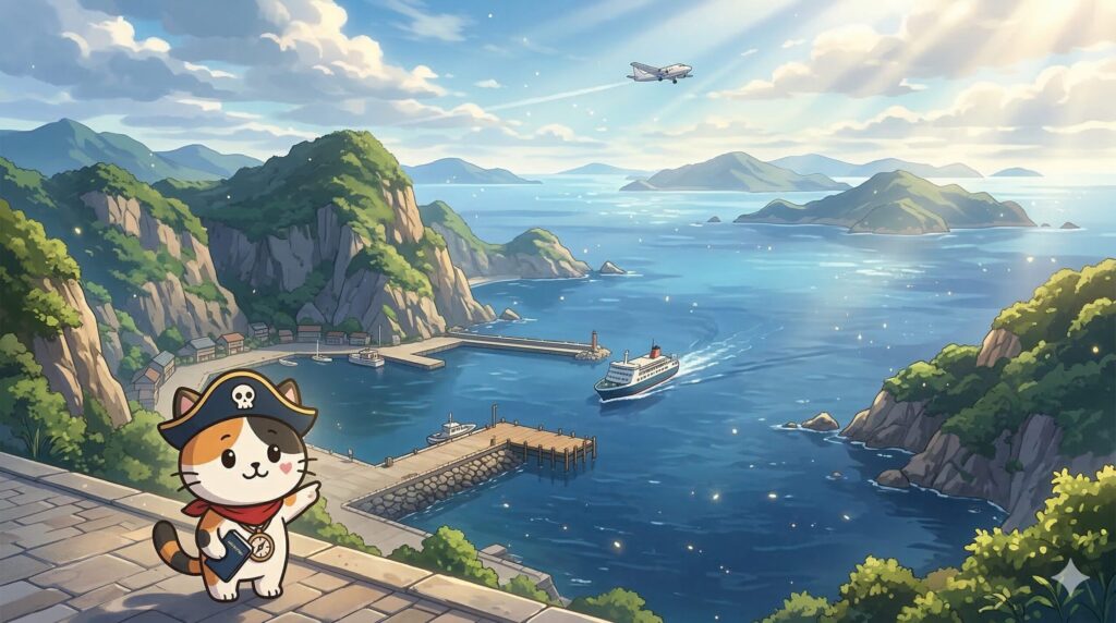 離島の港と空路を背景に案内しているココロ船長