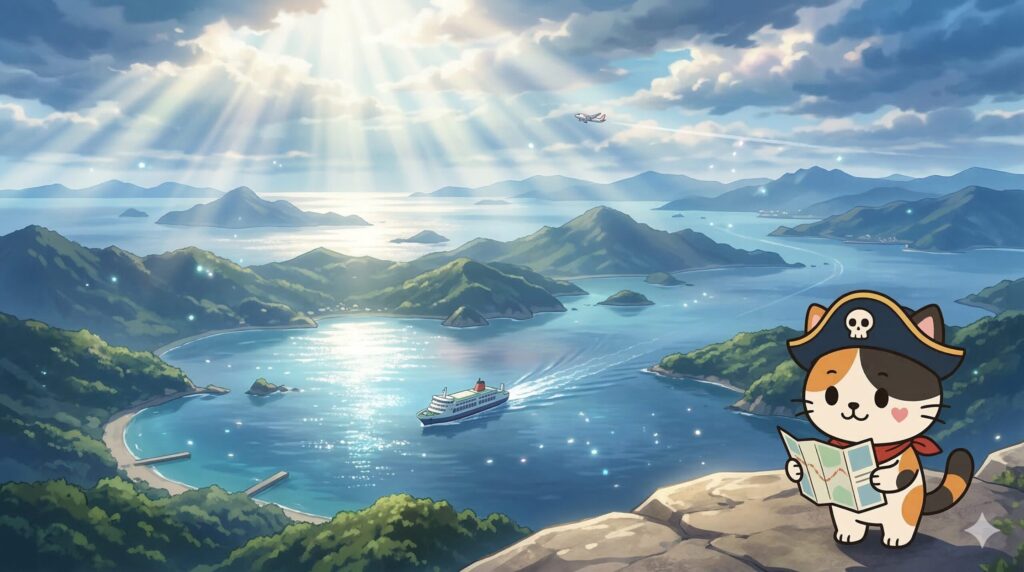 離島の海と航路を見渡しながら資料を確認するココロ船長