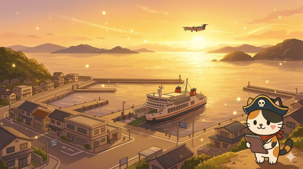 夕景の港で資料を見直しながら締めくくるココロ船長