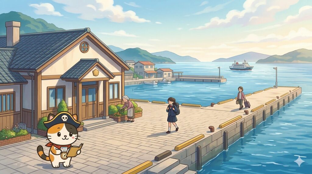 港町で割引証を見ながら対象者を確認しているココロ船長