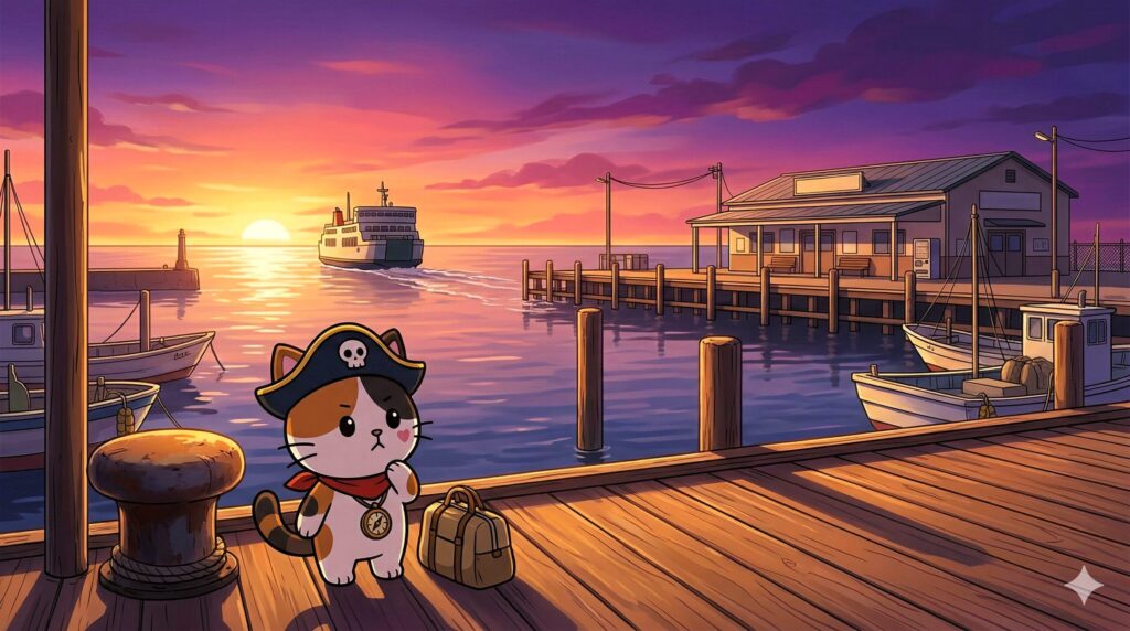 出港するフェリーを見送って日帰りの難しさを感じるココロ船長