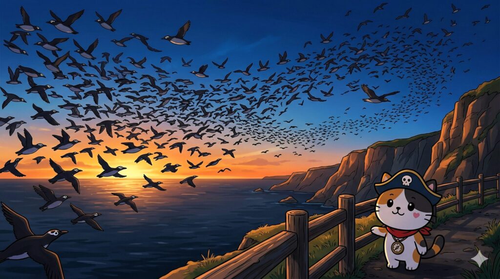 夕暮れの展望場所で空を見上げるココロ船長と、天売島の空を埋めるウトウの群れ