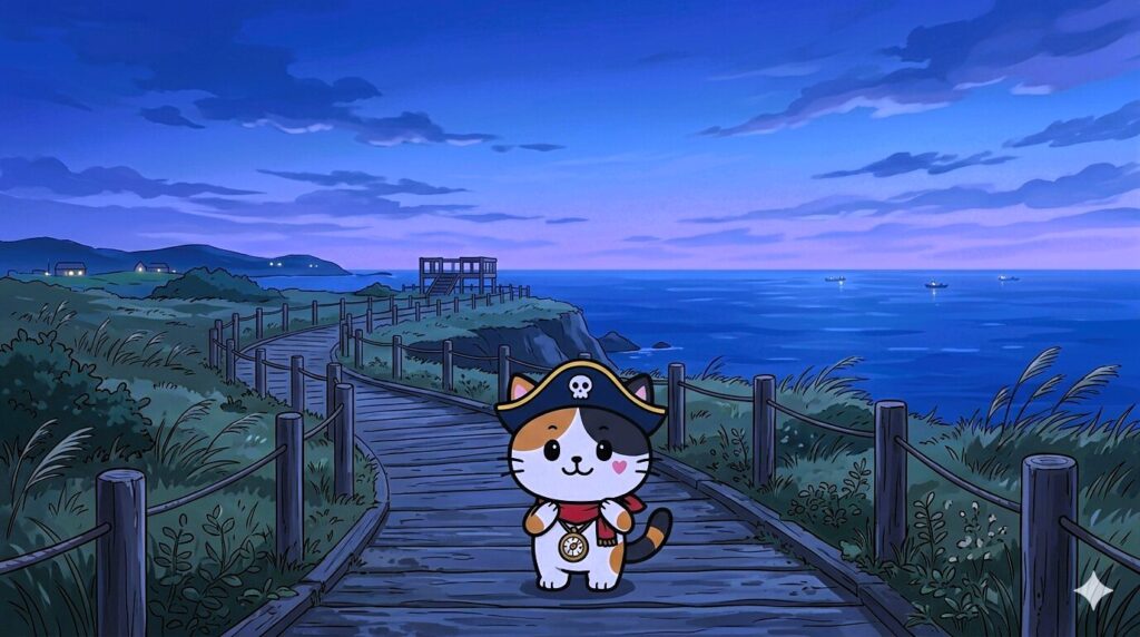 夜の海風に備えて服装を整えるココロ船長