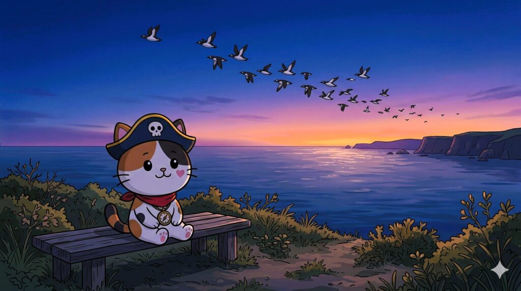 夕暮れの海を眺めながら余韻にひたるココロ船長