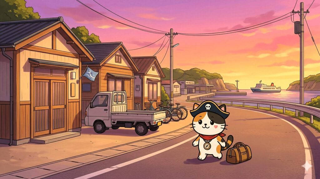 宿泊準備を整えて港へ向かうココロ船長