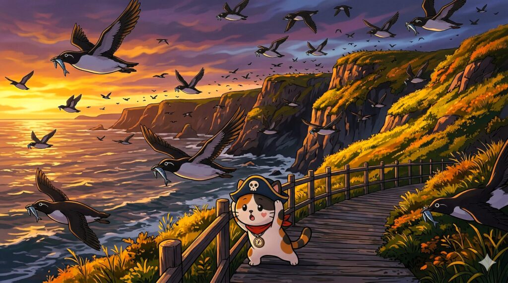 夕暮れの観察路でウトウの帰巣をのぞき込むココロ船長