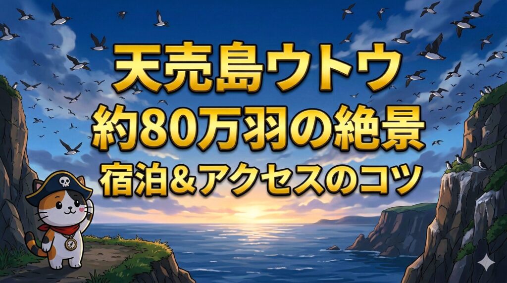 夕暮れの天売島で空を見上げるココロ船長と、約80万羽のウトウが舞うサムネ画像