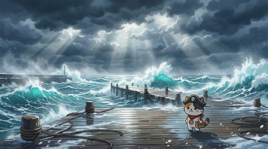 冬の荒天で波立つ港の桟橋付近で、小さな荷物を運びながら欠航状況を見守るココロ船長の見出し画像