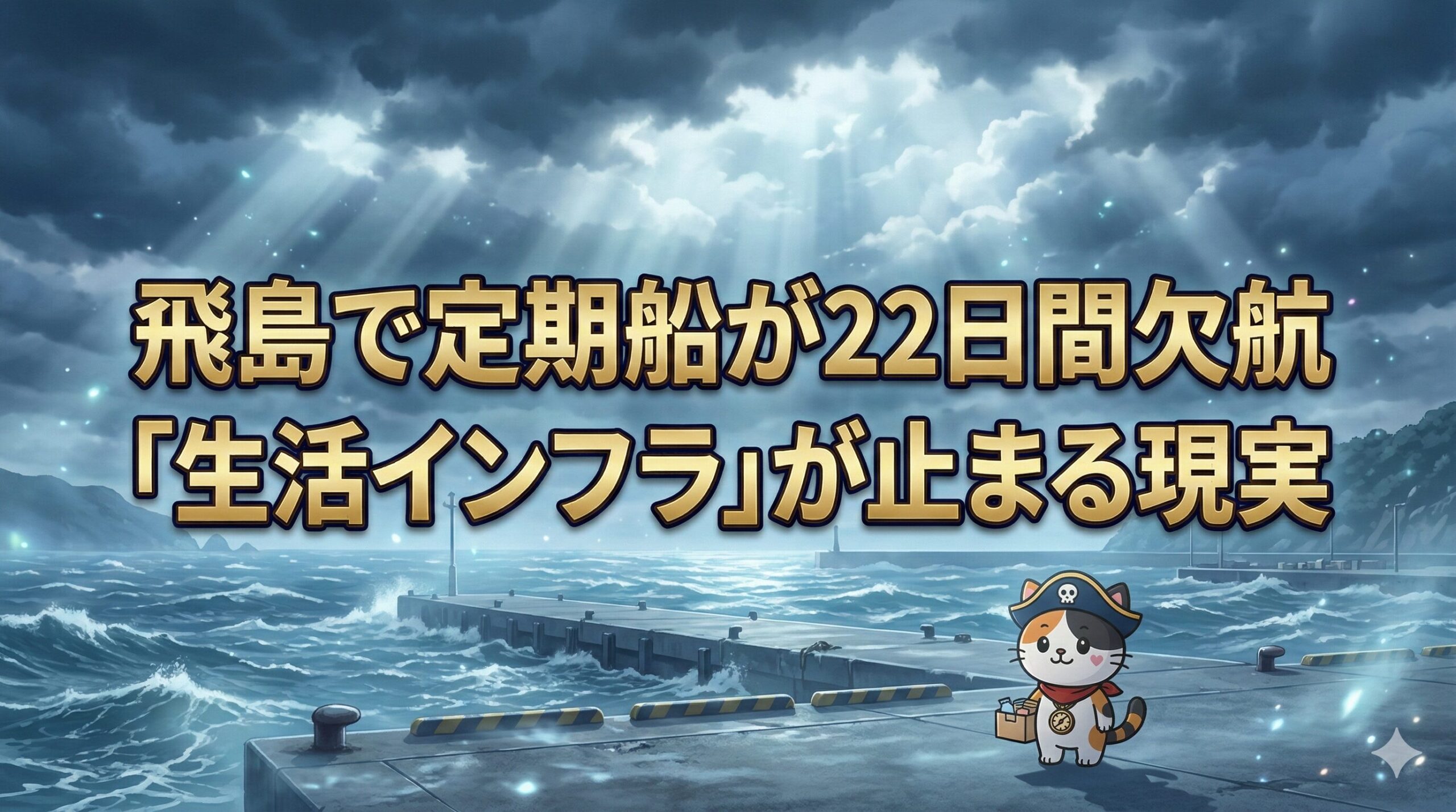 冬の荒れた港に佇み、小さな荷物を運ぶココロ船長と、定期船欠航で生活インフラが止まる現実を示す巨大タイトル文字のサムネイル