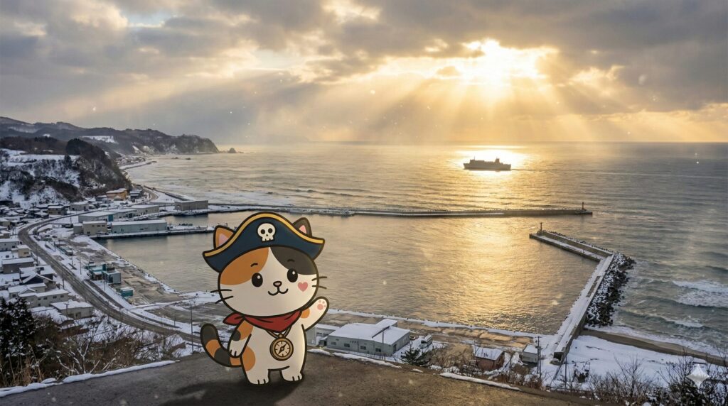 冬の港に差す光の中、戻りつつある船影を見守りながら定期船の重みを感じるココロ船長の見出し画像