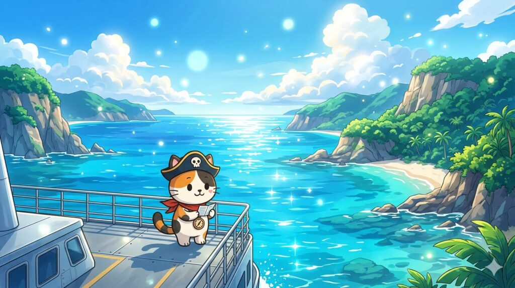 渡嘉敷島へ向かう船の上で旅の準備を確認しているココロ船長