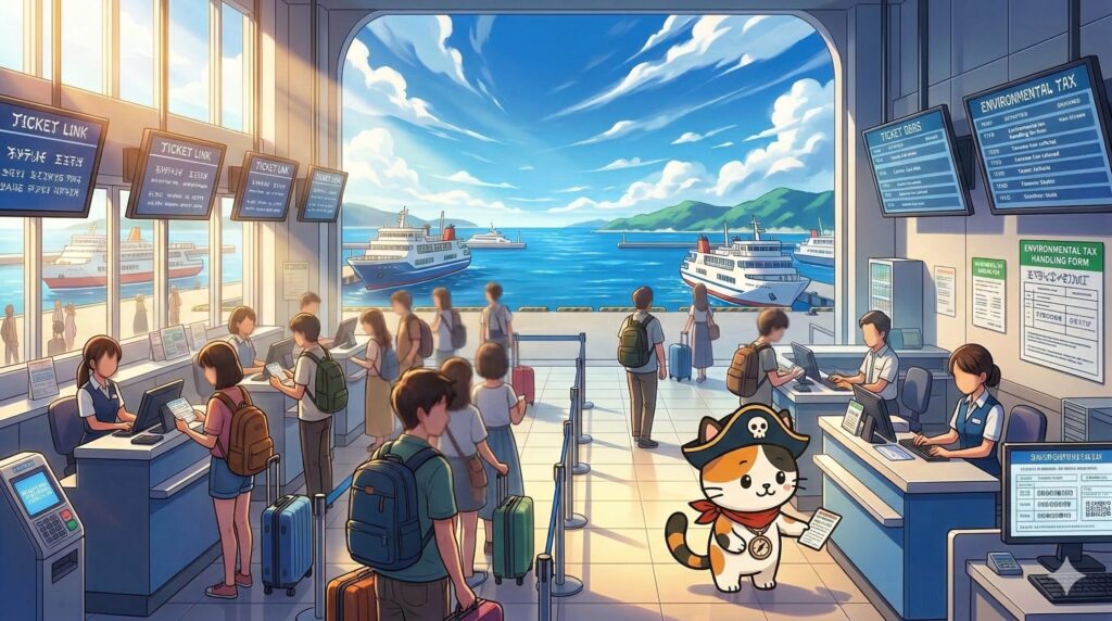 港のチケット購入の流れを確認しているココロ船長