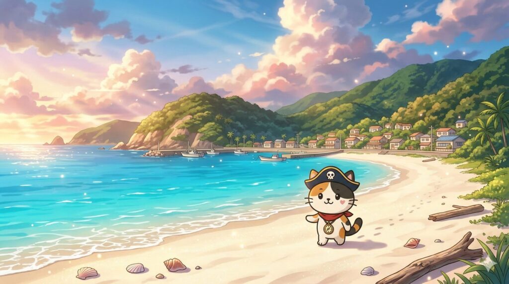 渡嘉敷島の美しい海を背景に気持ちよく歩き出すココロ船長