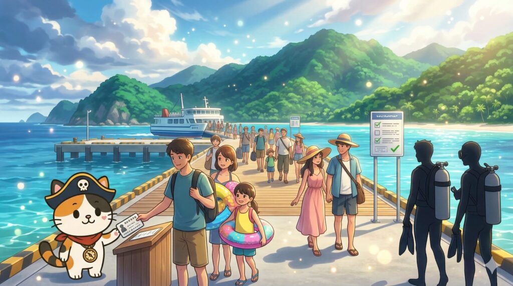 渡嘉敷港に到着した旅行者の流れを見ながら案内しているココロ船長