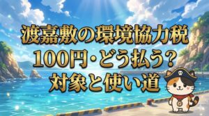 渡嘉敷島の港と青い海を背景に、中央に大きなタイトル文字と小さく立つココロ船長