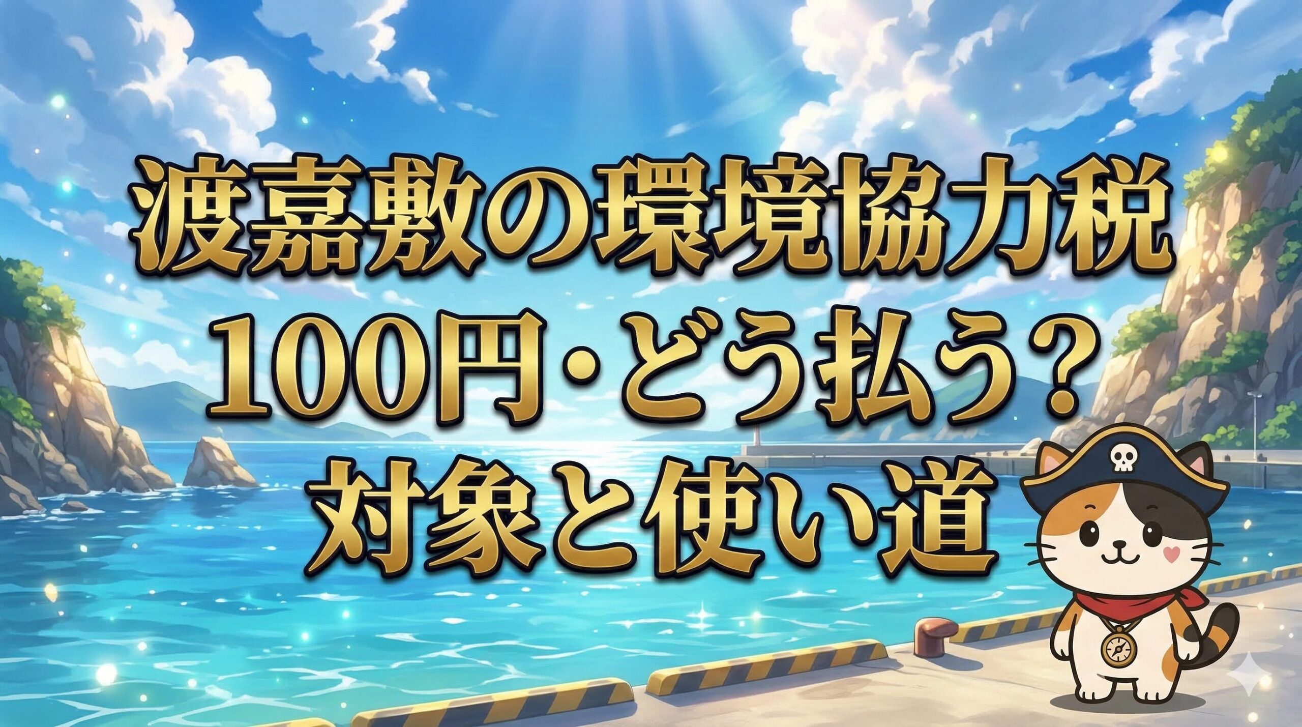 渡嘉敷島の港と青い海を背景に、中央に大きなタイトル文字と小さく立つココロ船長