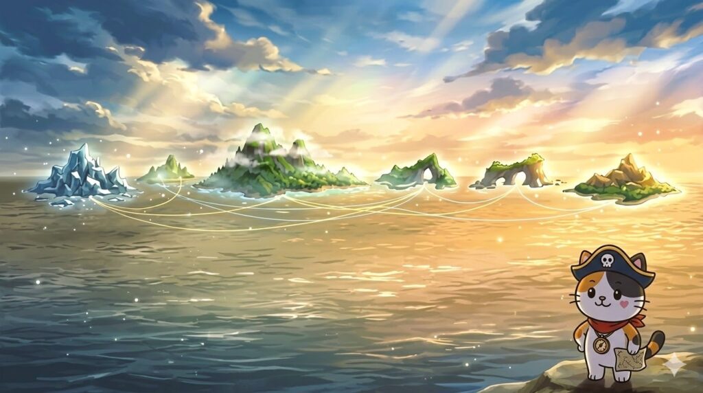 つながる島々の海を見渡すココロ船長