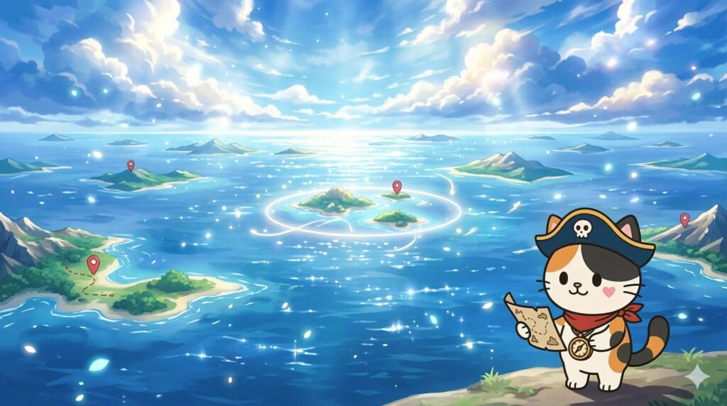 多くの島と選ばれた島を見比べているココロ船長