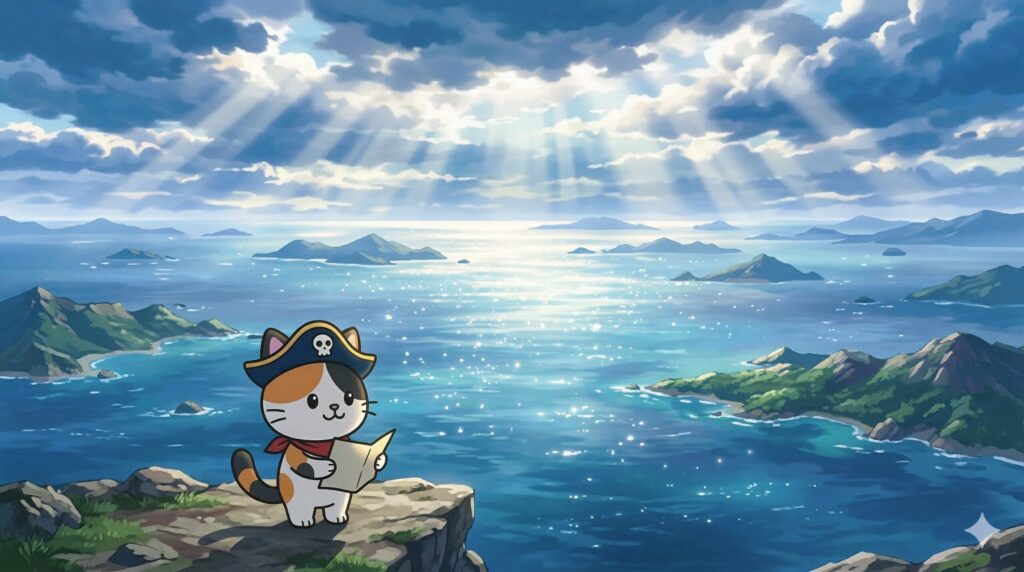 海図を開いて対象の島を確認しようとしているココロ船長