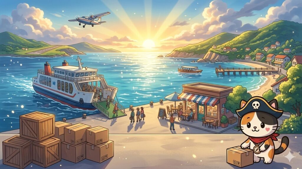 港町で荷物を確認しながら支援制度の全体像を案内するココロ船長