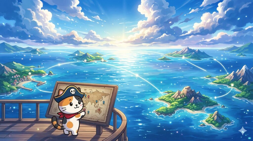 対象の島を地図で確認しているココロ船長