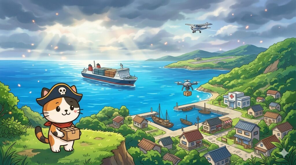 船と飛行機とドローンの違いを見比べているココロ船長