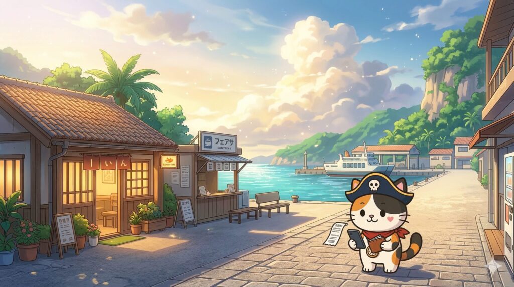 港町の宿の前で予約内容と財布を確認しているココロ船長
