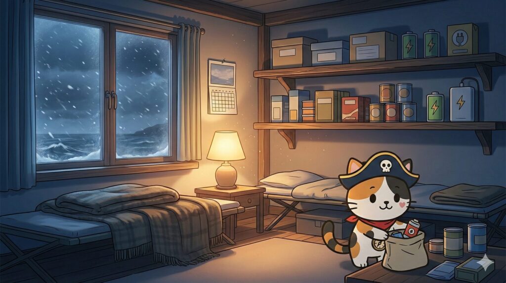 冬の嵐の外気を感じる室内で、備蓄品を整えながら備えを確認するココロ船長の見出し画像