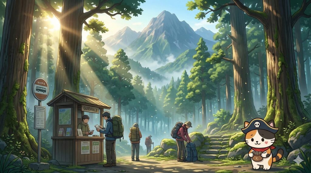 登山前の納入方法を確認しているココロ船長