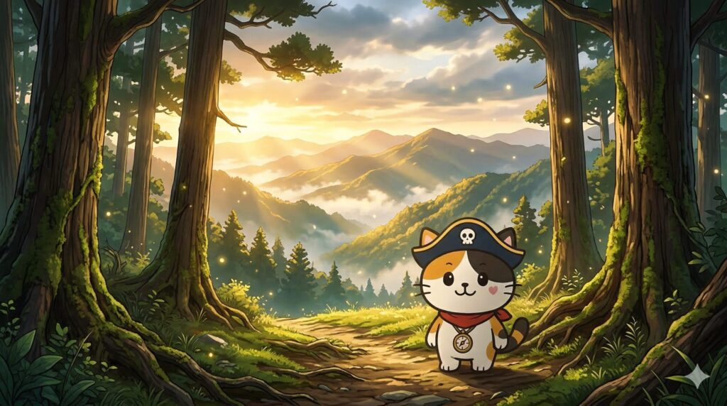 保全された屋久島の景色を見渡しているココロ船長