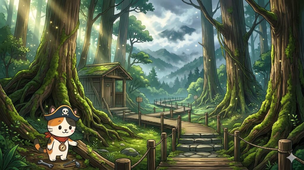 登山道の保全現場を見守るココロ船長