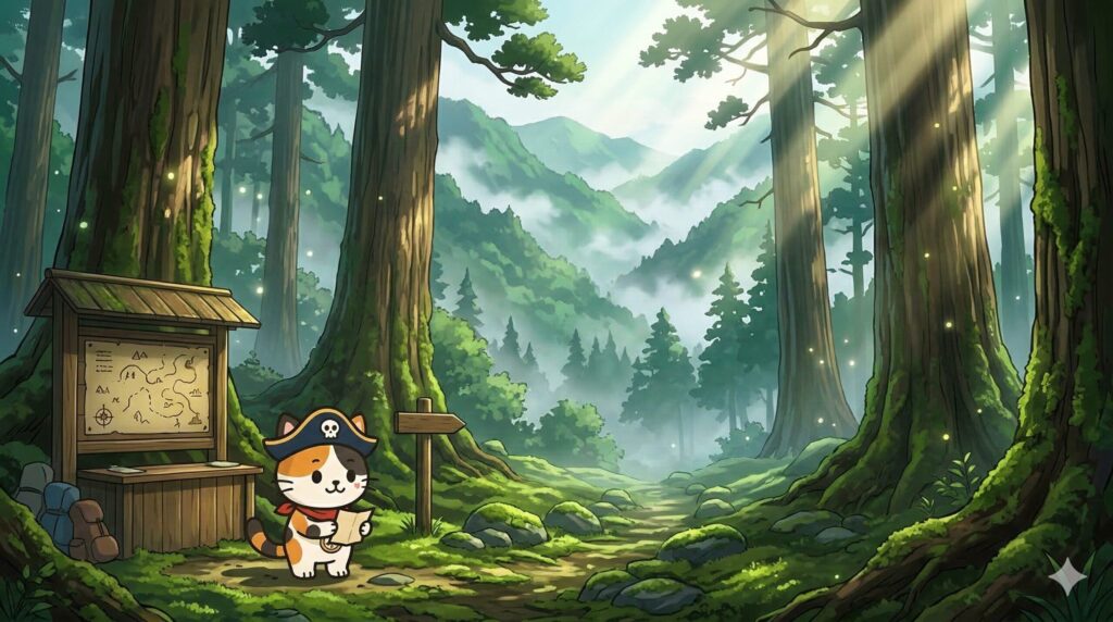 屋久島の登山口前で準備を確認しているココロ船長