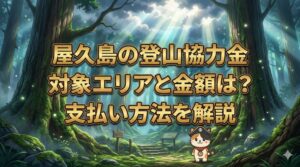 屋久島の森の入口で登山協力金を案内するココロ船長