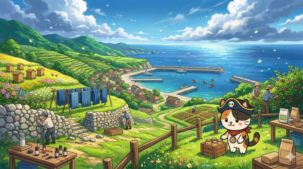 8つの新産業が広がる与路島の風景を見守っているココロ船長