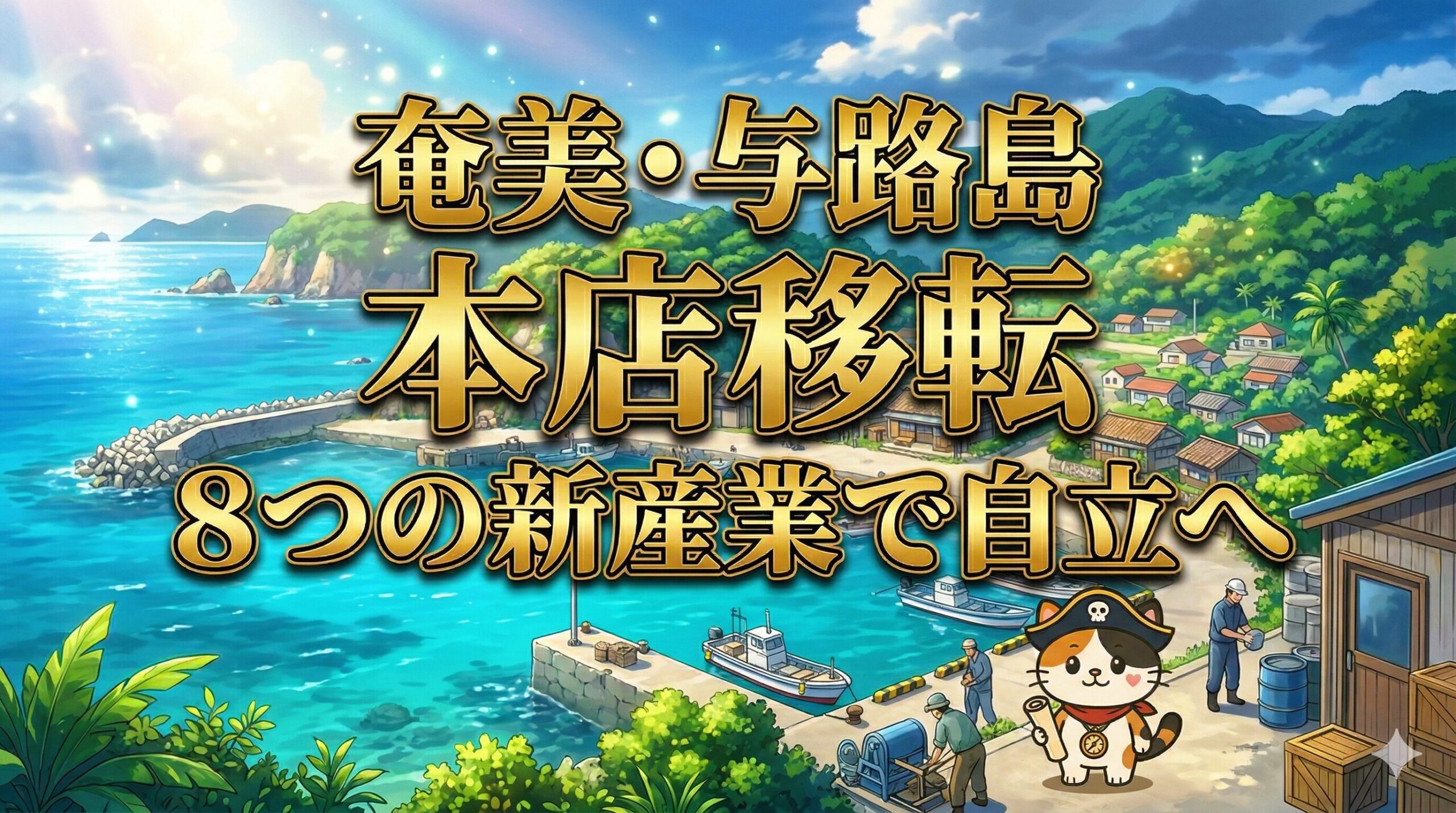 与路島の港と集落を背景に本店移転と新産業の始まりを見守るココロ船長