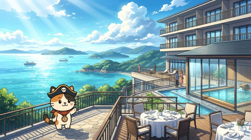 海辺でくつろぐココロ船長