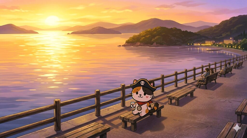 夕景を眺めるココロ船長