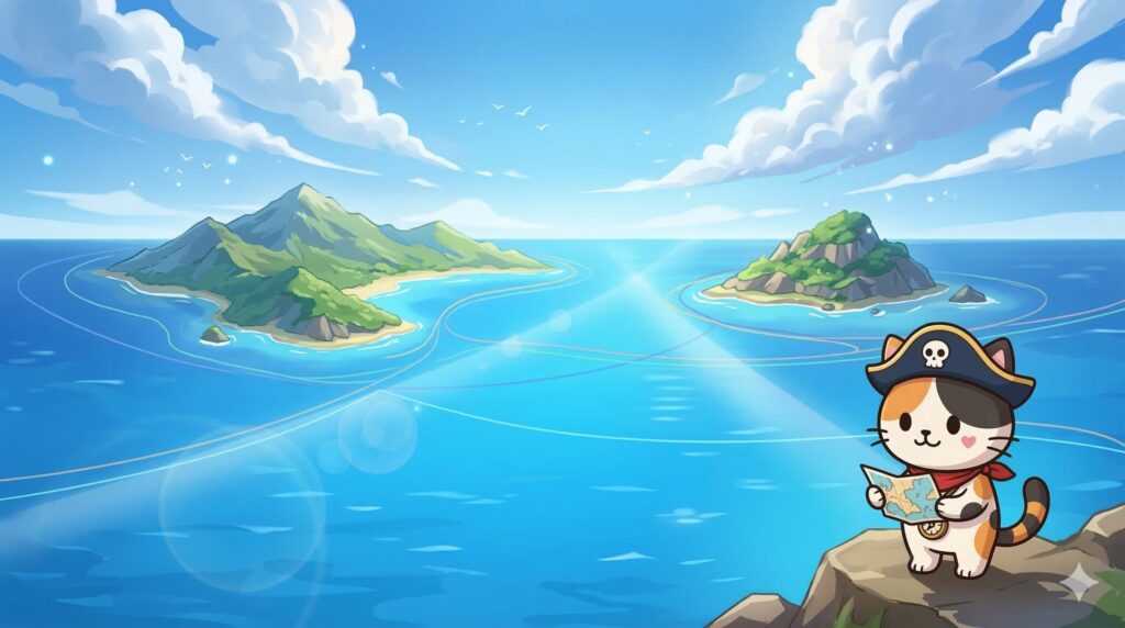 2つの国境離島を見比べるように海辺で確認しているココロ船長