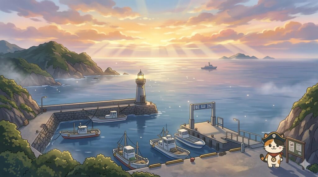 国境離島の港で法律の背景を確認しているココロ船長